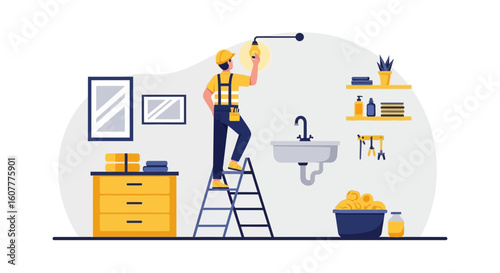 Handyman Installing A Light Bulb On The Bathroom Ceiling On A Ladder