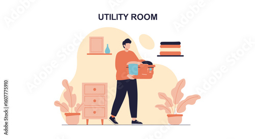 Man Carrying Laundry Basket in Bright Organized Utility Room Interior Scene
