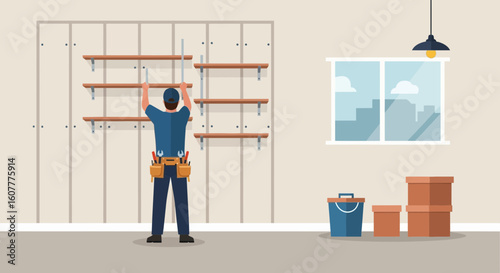 Handyman Installing Wall Shelves For Storage In Home Improvement Project