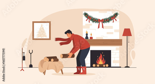 Man Carrying Logs Near Fireplace For Christmas Celebration At Home