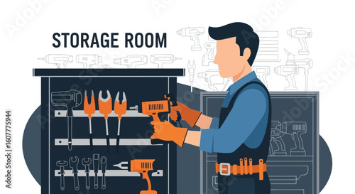 Handyman Organizing Tools In A Workshop Tool Storage System With Accessories
