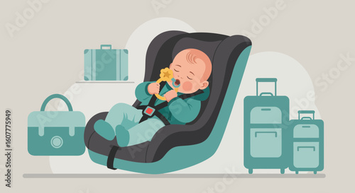 Infant Traveling in Car Seat with Luggage Ready for Family Vacation