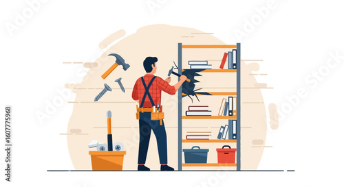 Handyman Repairing Bookcase With Tools Home Furniture Renovation or Improvement Project