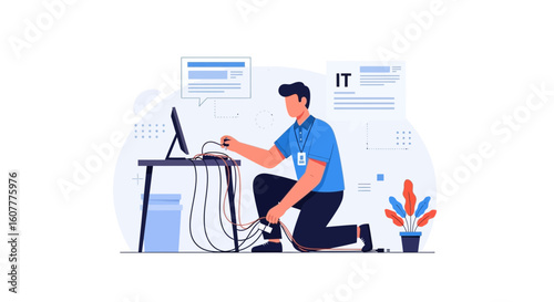 Information Technology Specialist Fixing Cables At Desk Troubleshooting Issues