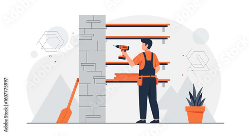 Handyman Skillfully Assembles Wall Shelves Improving Home Interior Decoration
