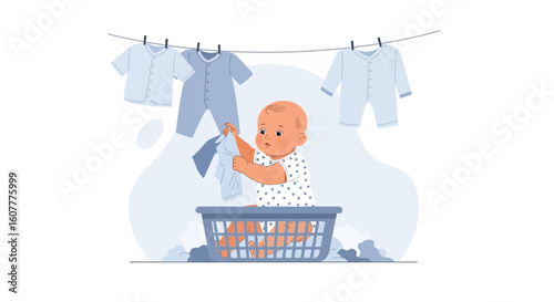 Innocence Captured: A Baby's First Laundry Day Adventure Illustration Style