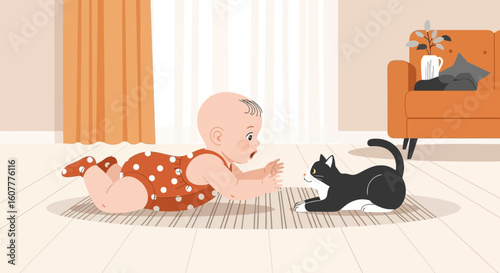 Inquisitive Infant Interacting with a Playful Feline Companion at Domestic Setting
