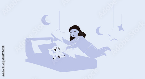 Insomnia Concept Of A Sleepless Girl With Teddy Bear In Bedroom