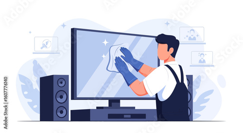 Man Cleans Electronic Device Screen With Cloth For Optimal Viewing Experience