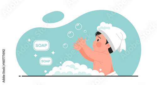 Happy Baby Splashing Around During Bath Time With Bubbles And Soap