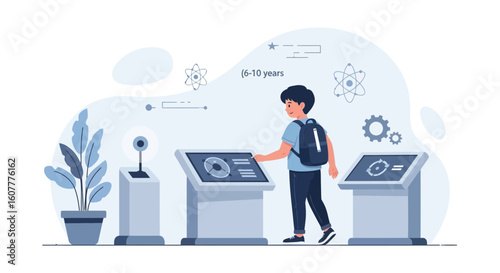 Interactive Exhibition: A Boy Explores Science at the Museum Discovering New Knowledge