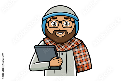 A muslim woman wearing a hijab teaches arabic letters from a chart and a book in a classroom setting