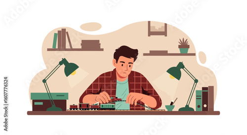 Man Concentrating On Assembling Model Train At His Desk In Cozy Room