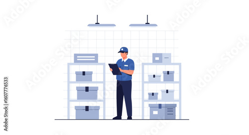 Inventory Clerk Inspecting Warehouse Stock With Clipboard And Boxes