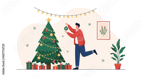 Man Decorating Christmas Tree With Ornament In Living Room Illustration