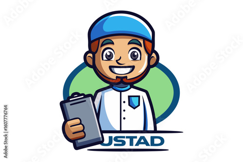 Smiling muslim teacher with beard and glasses holds open book and pointer with two young students