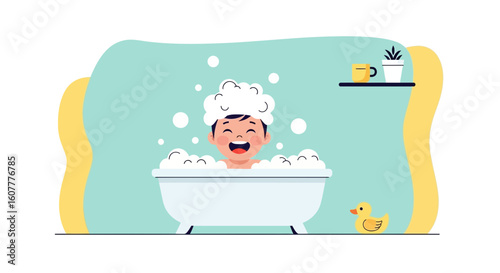 Happy Boy Enjoying Bath Time with Bubbles in a Minimalist Style Design