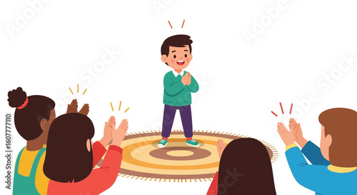 Happy Boy Getting Applause From Group Kids On Carpet Illustration
