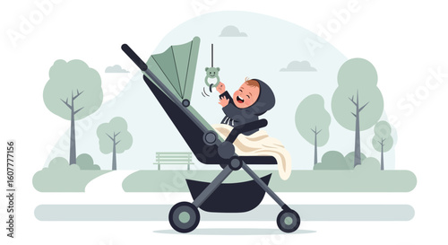 Joyful Baby In Stroller At Park Exploring Toy In Happy Outdoor Scene