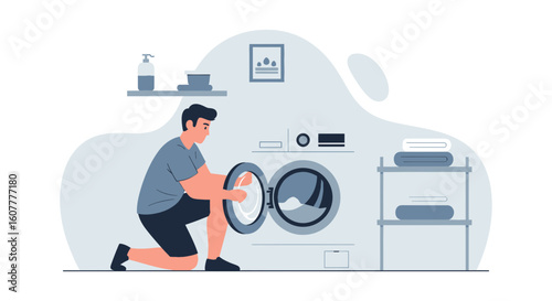 Man Doing Laundry At Home Modern Vector Illustration Design