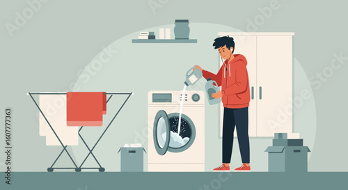 Man Doing Laundry Pouring Detergent Into Washing Machine At Home