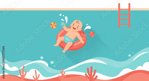 Joyful Baby's First Swimming Experience With Inflatable Ring and Pool Toys