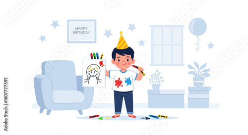 Joyful Birthday Celebration With A Little Artist And Colorful Drawing Concept