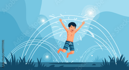 Happy Boy Plays With Water In Summer Having Fun Outdoors