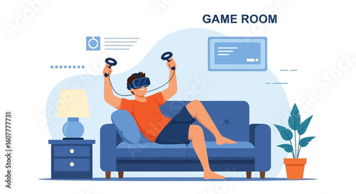 Man Enjoying Immersive Virtual Reality Game Experience At Home On The Sofa