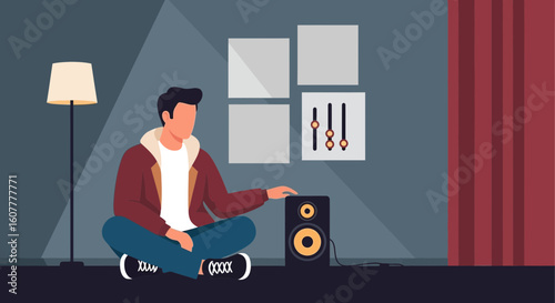 Man Enjoying Music at Home with Audio Equalizer, Lamp, Speaker