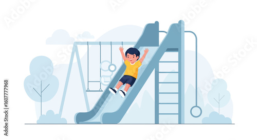 Happy Child Enjoying A Fun Ride Down The Slide At The Playground