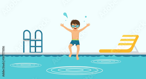 Joyful Boy Leaping Into Swimming Pool On A Sunny Vacation Day