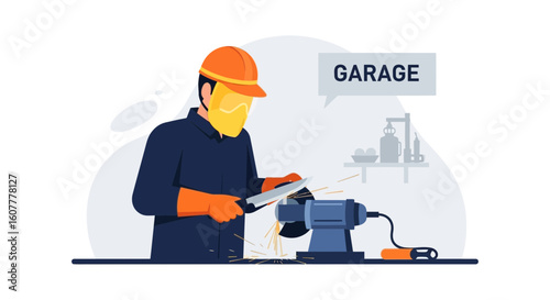 Man Grinding Blade With Safety Gears At The Garage Illustration