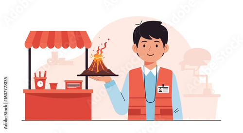 Man Holding Volcano Dessert Near Food Stall In An Indoor Setting