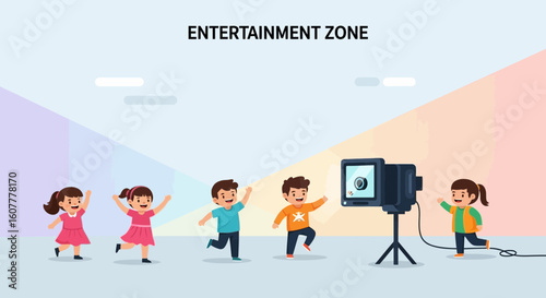 Happy Children Play In Front Of The Camera In The Entertainment Zone