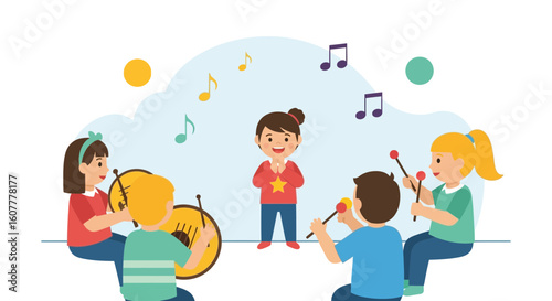 Happy Children Playing Musical Instruments In School Band Practice Together