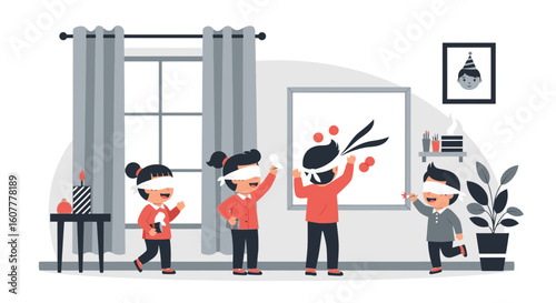 Happy Children Playing Pin the Tail on Donkey Game Indoors Illustration