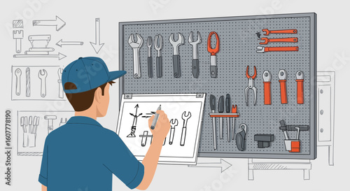 Man Illustrating Tools With Pegboard On A White Background For Repair Projects