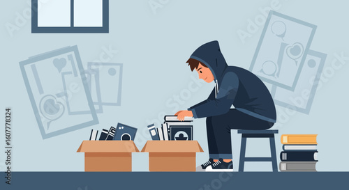 Man In Hoodie Sorting Personal Belongings From Cardboard Boxes In Room