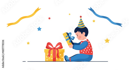 Joyful Celebration Awaits Young Boy Opening Bright Birthday Gift