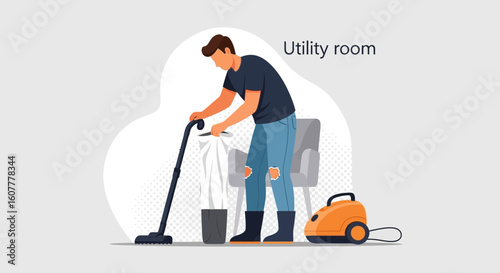 Man In Utility Room Engaged In Thorough Cleaning Routine With Appliances