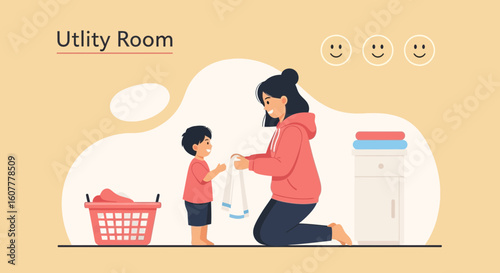 Happy Family Folding Laundry Together In a Bright And Modern Utility Room