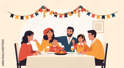 Happy Family Enjoying Festive Dinner Together At Home With Thanksgiving Decor