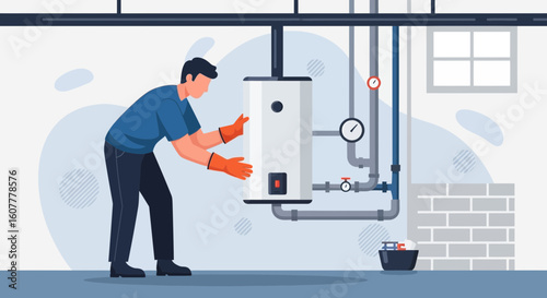 Man Inspecting Hot Water Heater System In Basement Setting With Proper Safety Gears