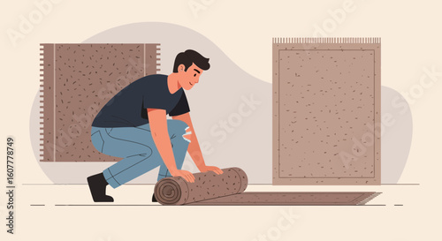 Man Installing New Rug at Home Improving Decor Indoors Illustration