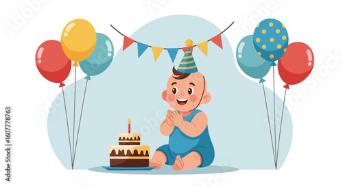 Joyful Celebration Of A Baby's First Birthday With Cake And Balloons