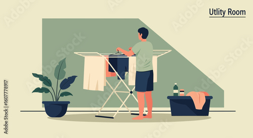Man Is Doing Laundry On Laundry Rack In The Utility Room Illustration