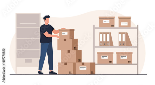 Man Is Organizing Boxes On The Shelves In The Storage Room Or Warehouse