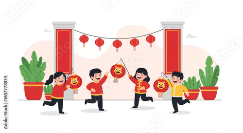 Joyful Celebration Of Lunar New Year With Children And Traditional Lanterns
