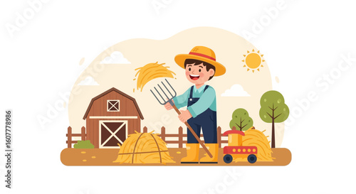 Happy Farmer With Hay Fork Working On The Farm During Sunny Day